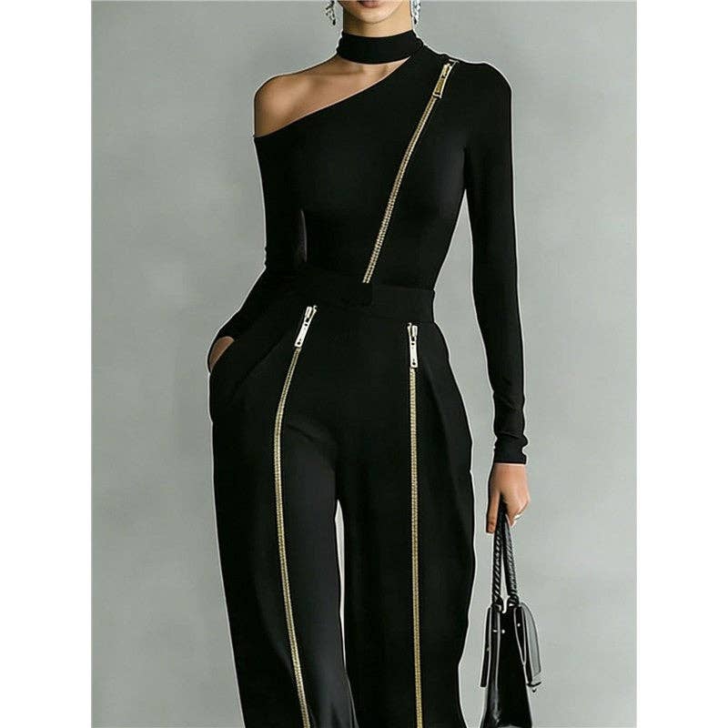 Women's black off-shoulder top and double-zip pleated pant set – front view