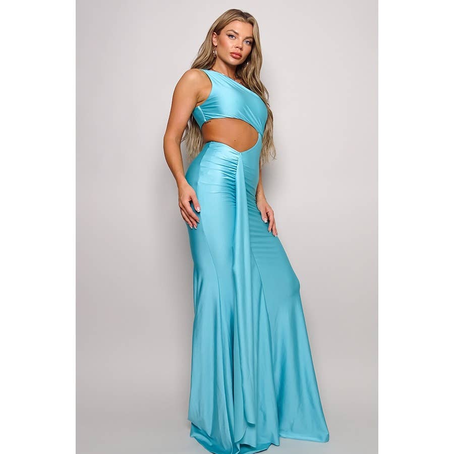 Women's aqua one-shoulder draped cutout mermaid maxi dress