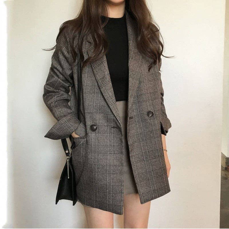 Women's oversized coffee brown checkered plaid blazer