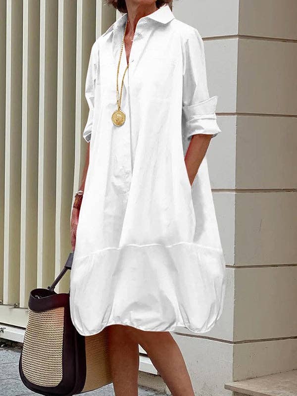 Women's oversized lapel collar long sleeve mini shirt dress in white, black, green, pea green, red or orange – front view