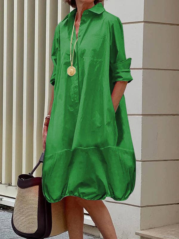 Women's oversized lapel collar long sleeve mini shirt dress in white, black, green, pea green, red or orange – alternate view