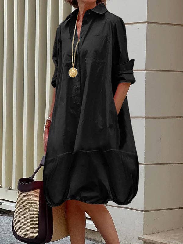 Women's oversized lapel collar long sleeve mini shirt dress in white, black, green, pea green, red or orange – detail view