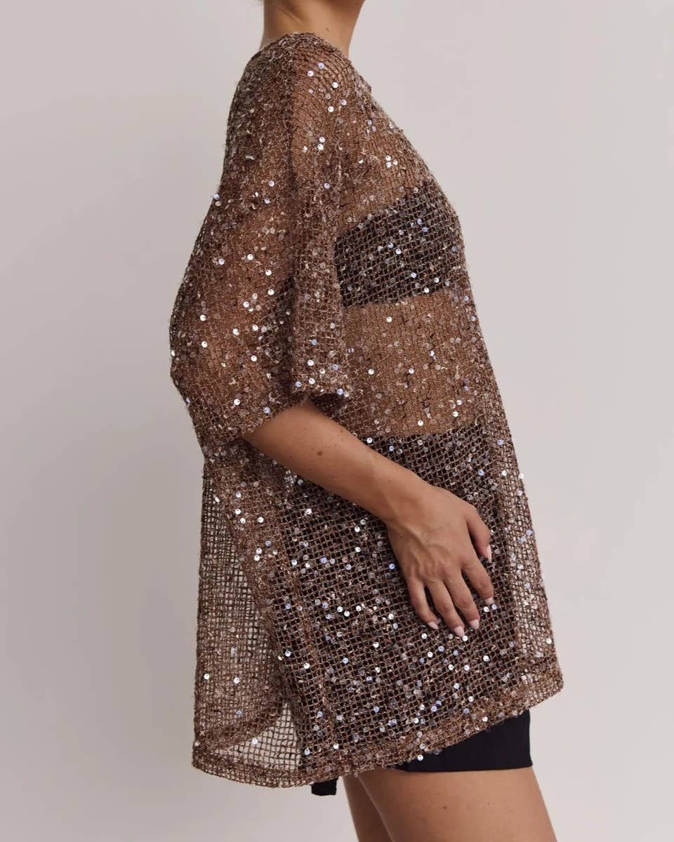 Women's beige oversized shiny sequin hollow-out mesh short sleeve top - photo 3