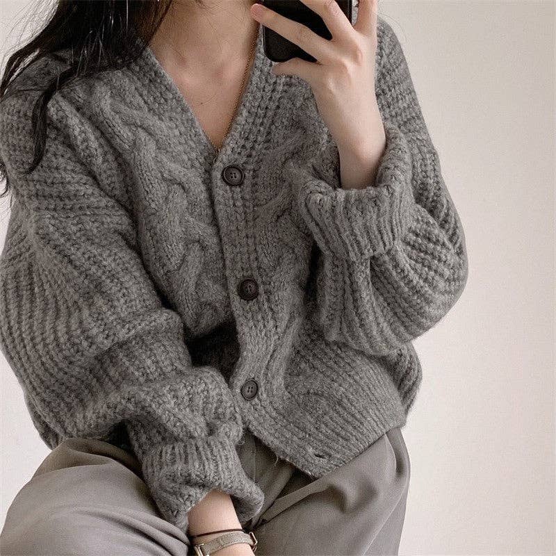 Women's oversized V-neck jacquard knit cardigan sweater in pink, gray or cream – alternate view