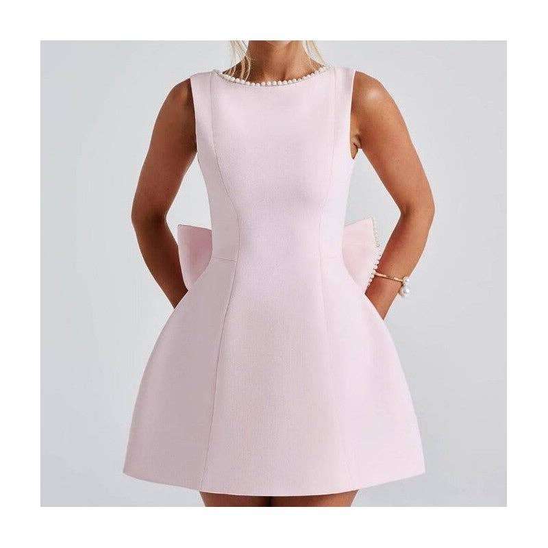 Women's white pearl beaded bow backless fitted mini dress – alternate view