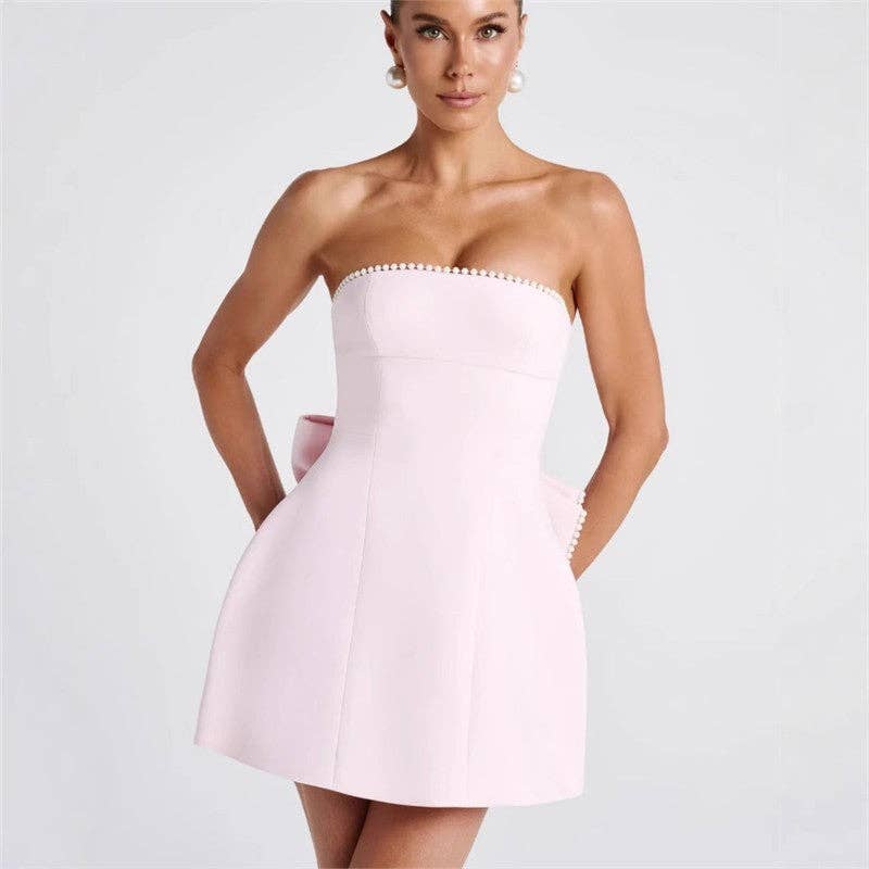 Women's pink pearl bow strapless fitted mini dress