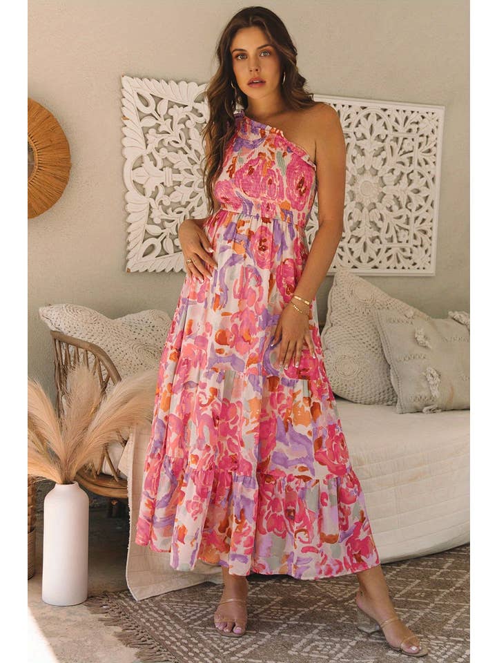 Women's Pink Abstract Floral One-Shoulder Maxi Dress - front view