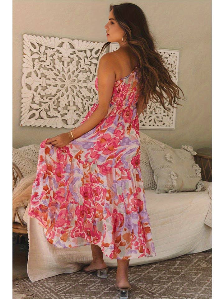 Women's Pink Abstract Floral One-Shoulder Maxi Dress - view 2