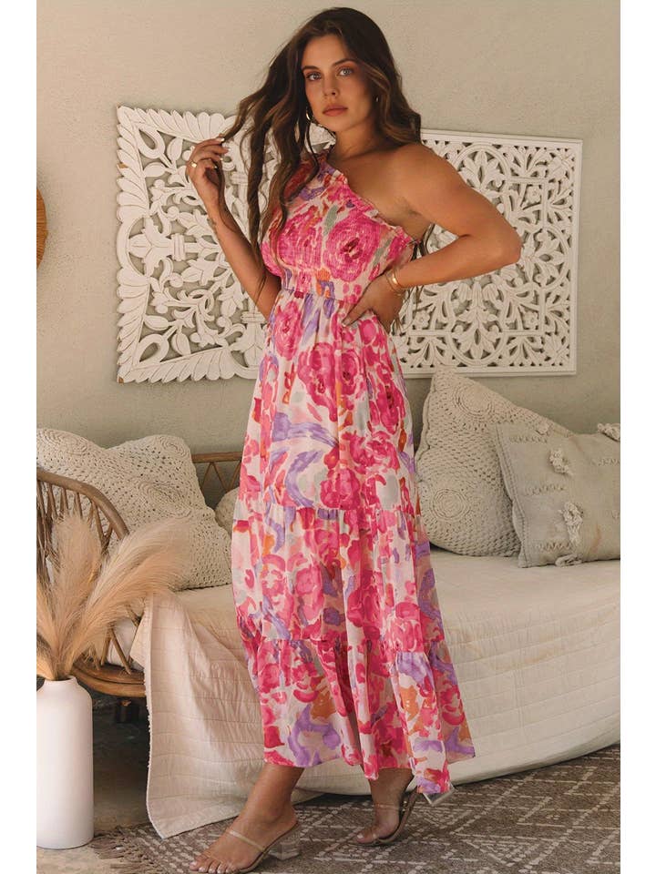 Women's Pink Abstract Floral One-Shoulder Maxi Dress - view 3