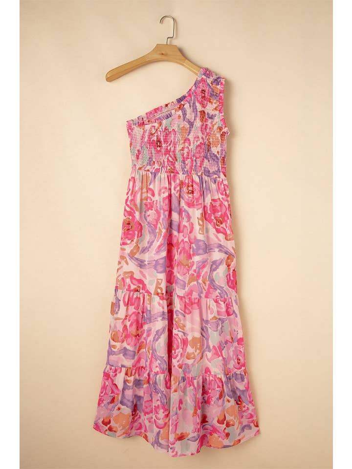 Women's Pink Abstract Floral One-Shoulder Maxi Dress - view 5