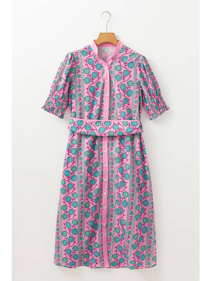 Women's Pink Floral Puff Sleeve Sash-Tie Midi Dress - view 4