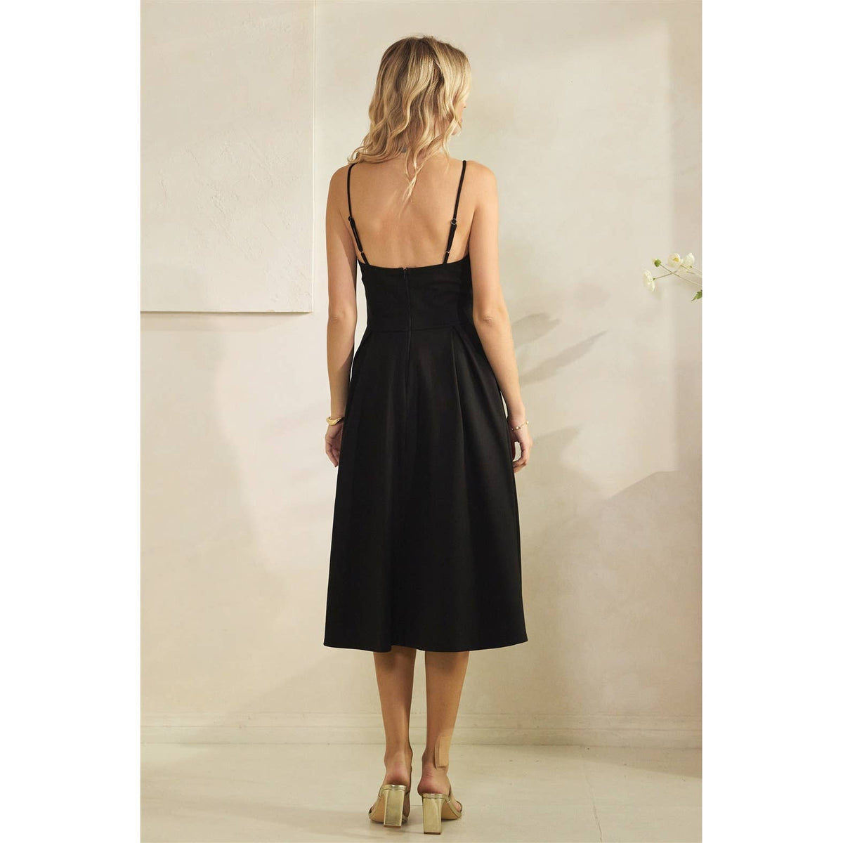 Women's black pleated bust spaghetti strap flared midi dress – view 4