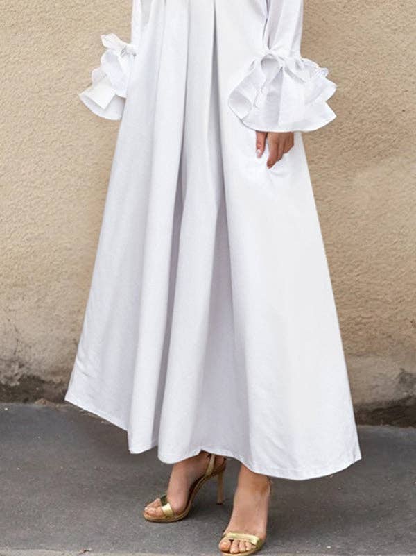 Women's white pleated flared sleeve lapel maxi shirt dress – styled view