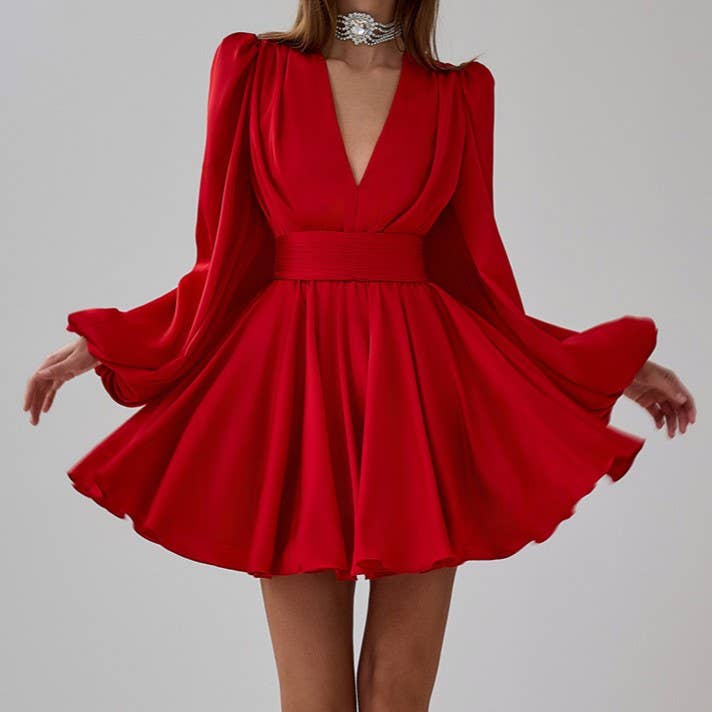 Women's red satin long puff sleeve mini dress with pleated skirt and fitted waistband - view 2
