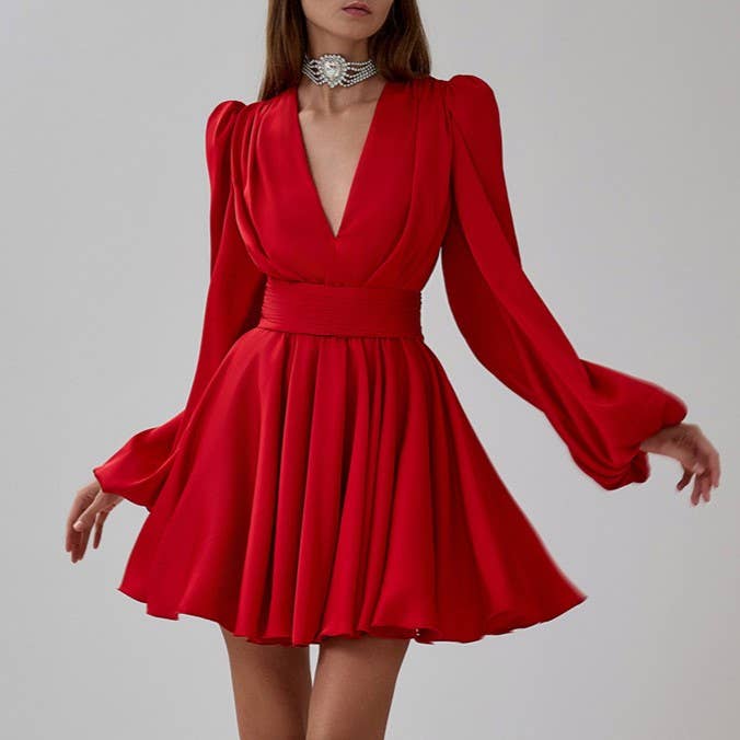Women's red satin long puff sleeve mini dress with pleated skirt and fitted waistband - view 3