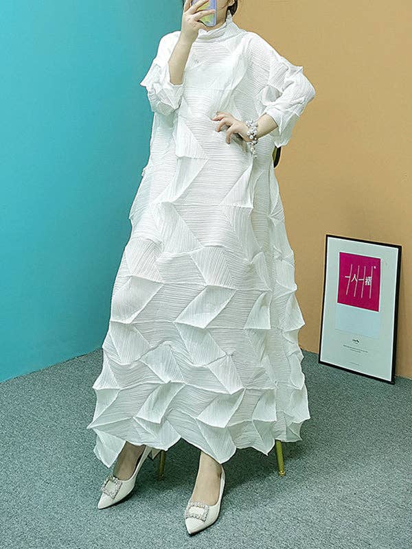 Women's white pleated stand collar long sleeve flowy maxi dress