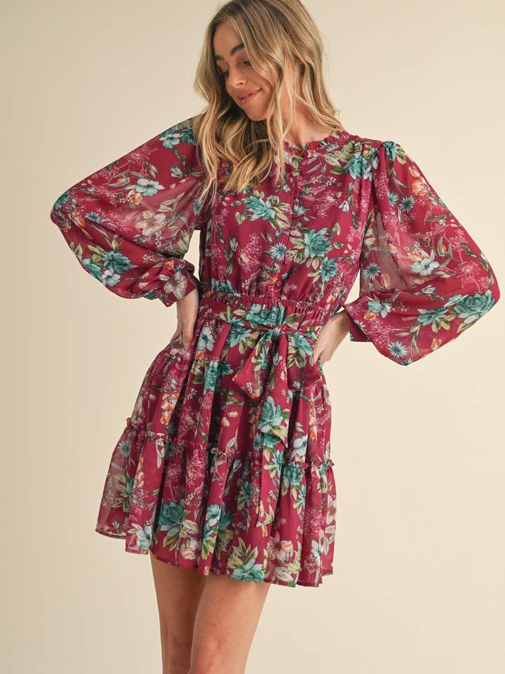 Women's Plum Floral Puff-Sleeve Button-Front Mini Dress - view 2