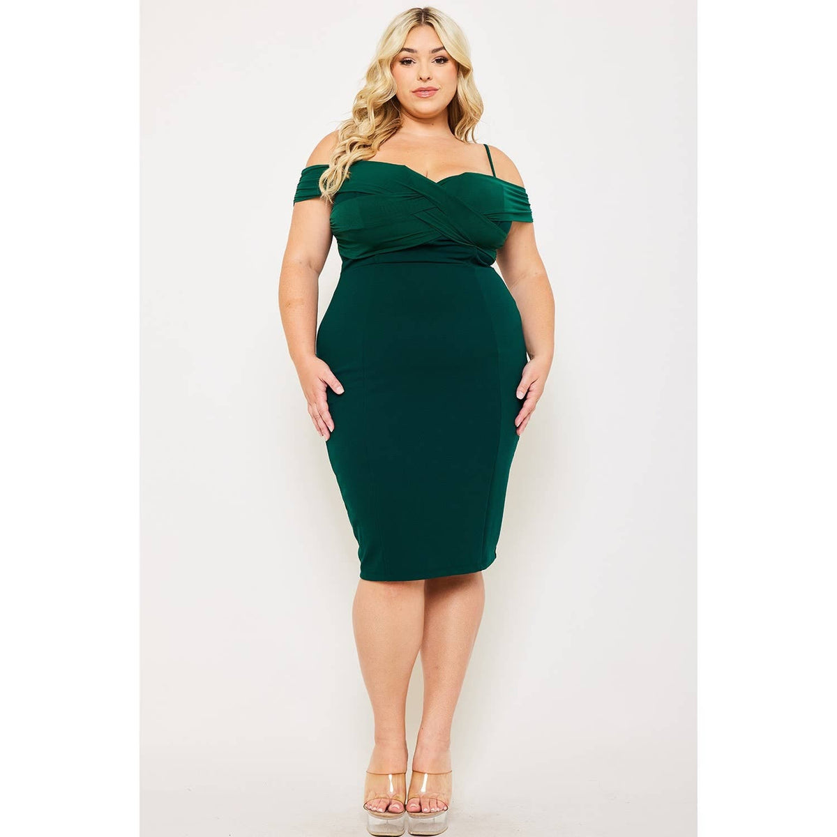 Women's plus size hunter green cold shoulder criss-cross bodycon midi dress, view 2