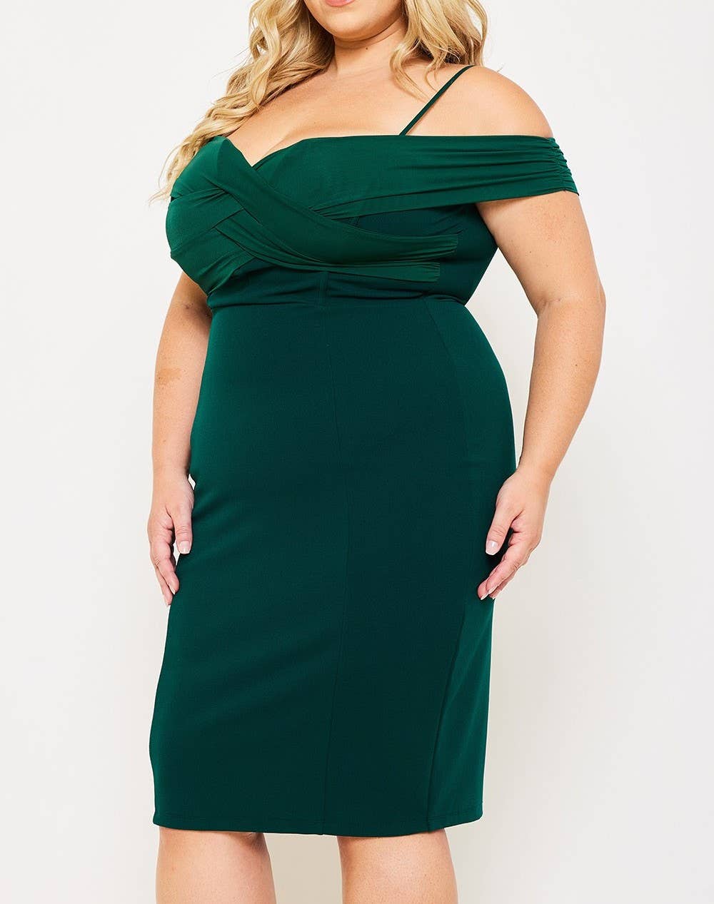Women's plus size hunter green cold shoulder criss-cross bodycon midi dress, view 3