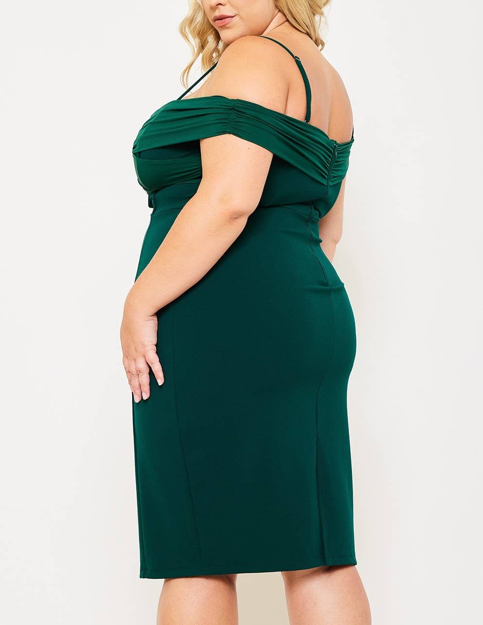 Women's plus size hunter green cold shoulder criss-cross bodycon midi dress, view 4