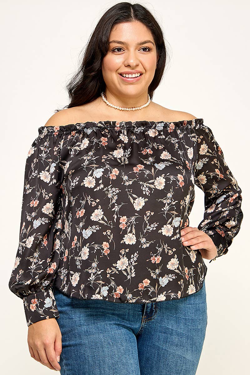 Women's plus size black floral off-shoulder ruffle blouse
