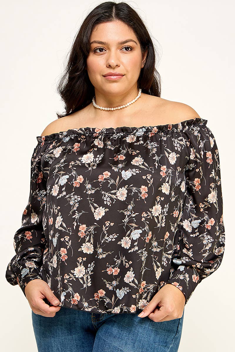 Women's plus size black floral off-shoulder ruffle blouse, view 2