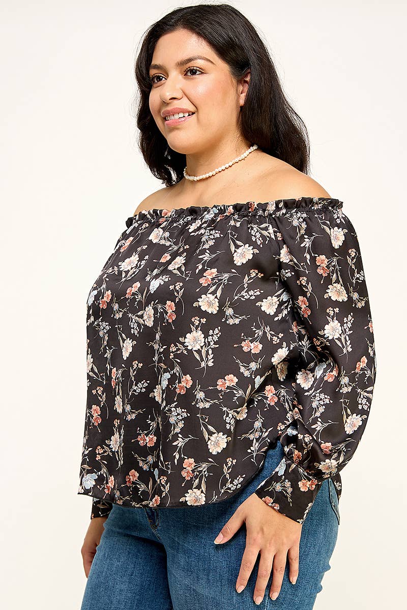 Women's plus size black floral off-shoulder ruffle blouse, view 3