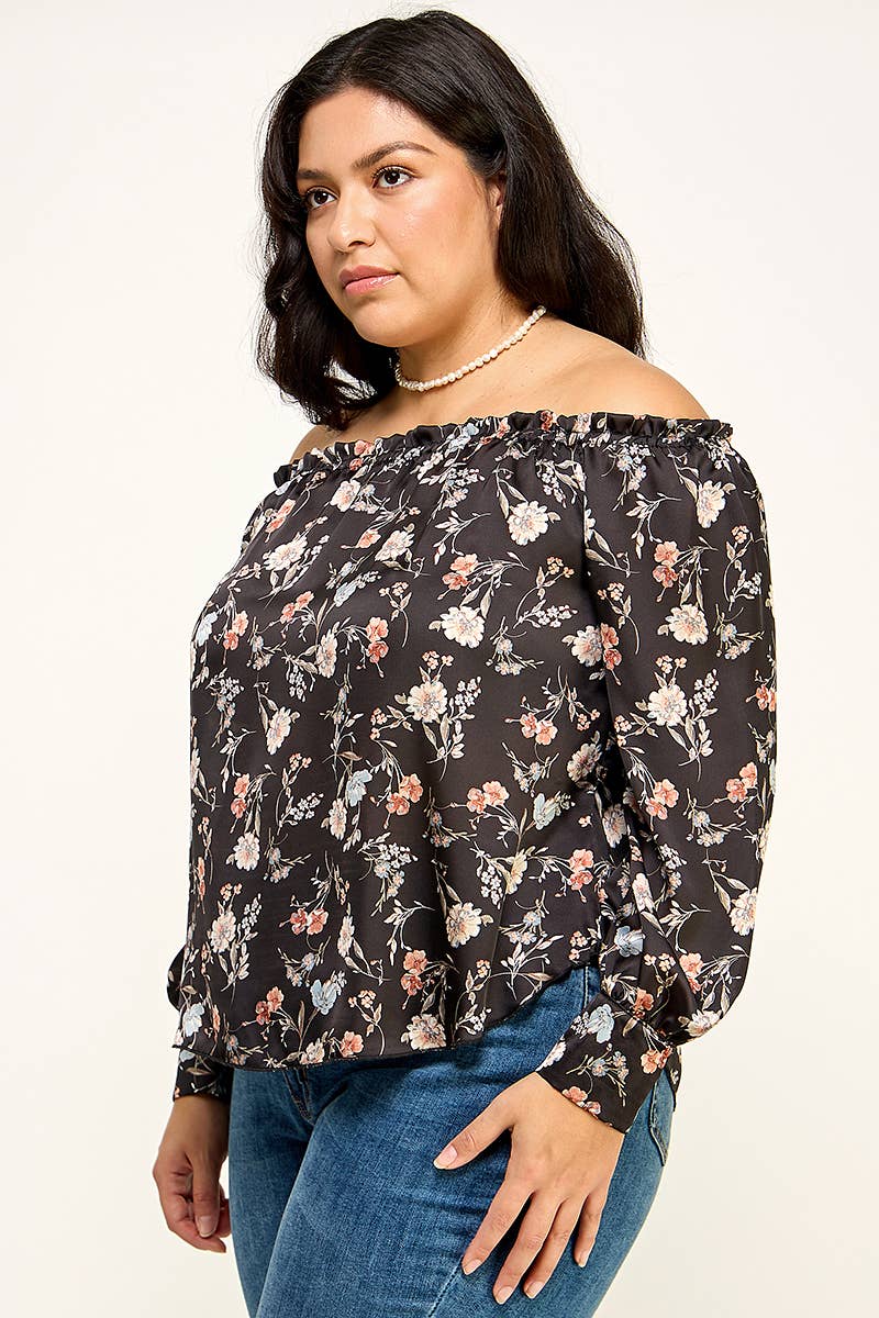Women's plus size black floral off-shoulder ruffle blouse, view 4