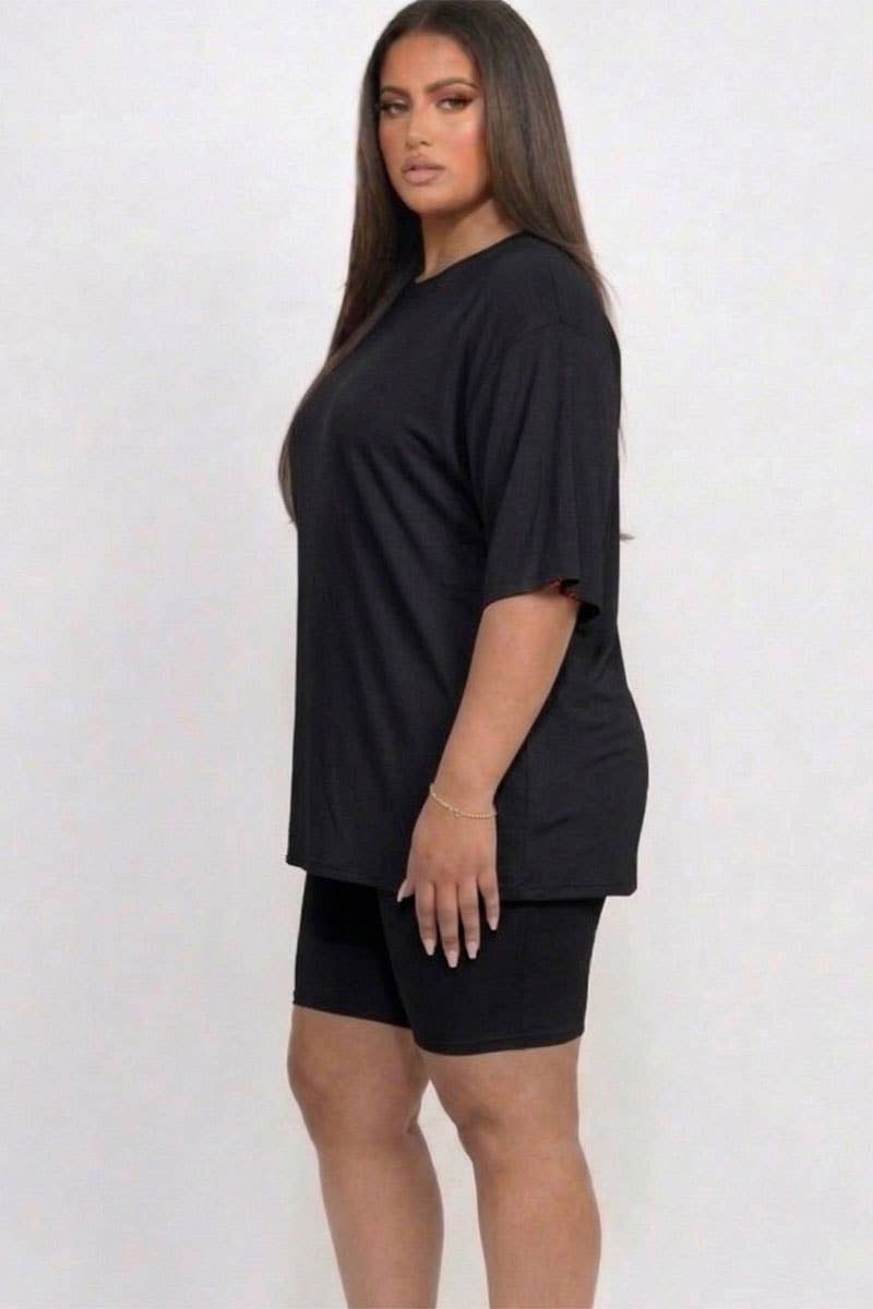Women's plus size black oversized tee and biker shorts set, view 2