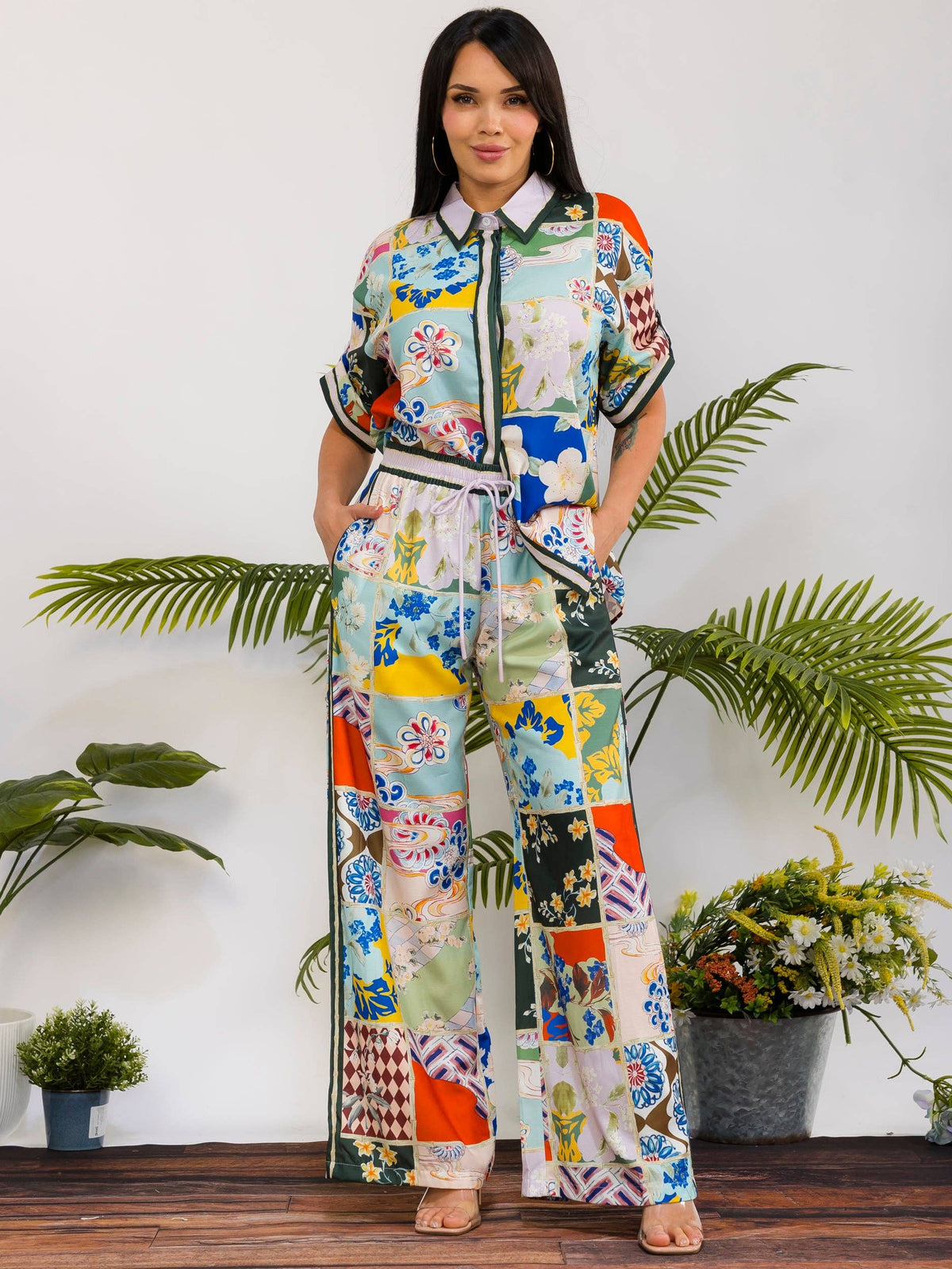 Women's plus size green patchwork print camp shirt and wide leg pant set