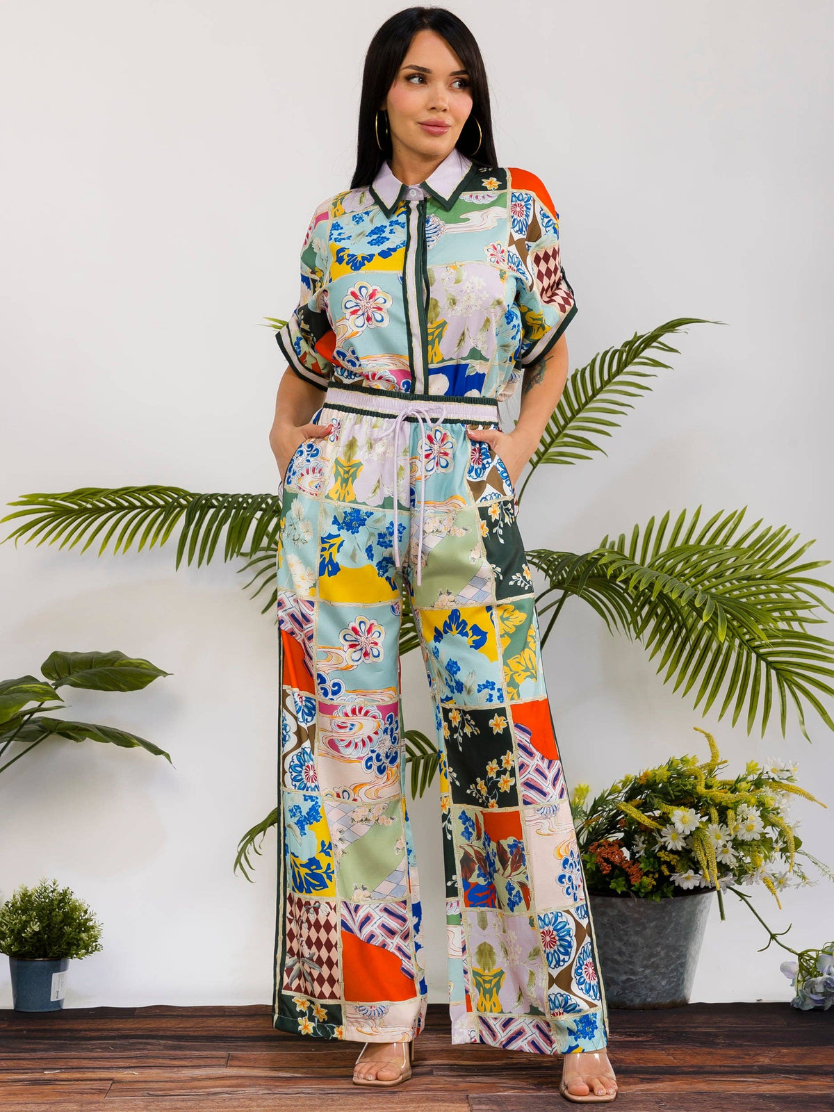 Women's plus size green patchwork print camp shirt and wide leg pant set, view 2