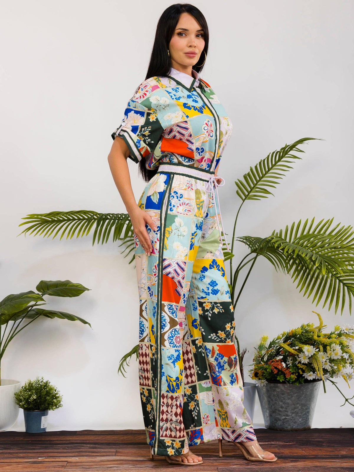 Women's plus size green patchwork print camp shirt and wide leg pant set, view 4