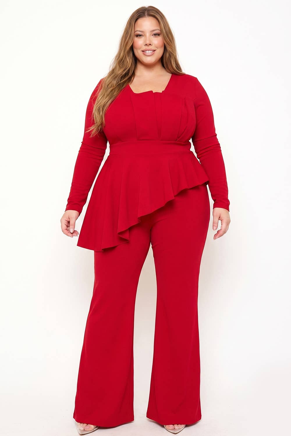 Women's plus size red peplum ruffle square neck bell bottom jumpsuit