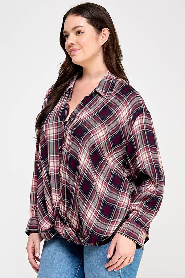 Women's plus size wine plaid draped front button-down top, view 2