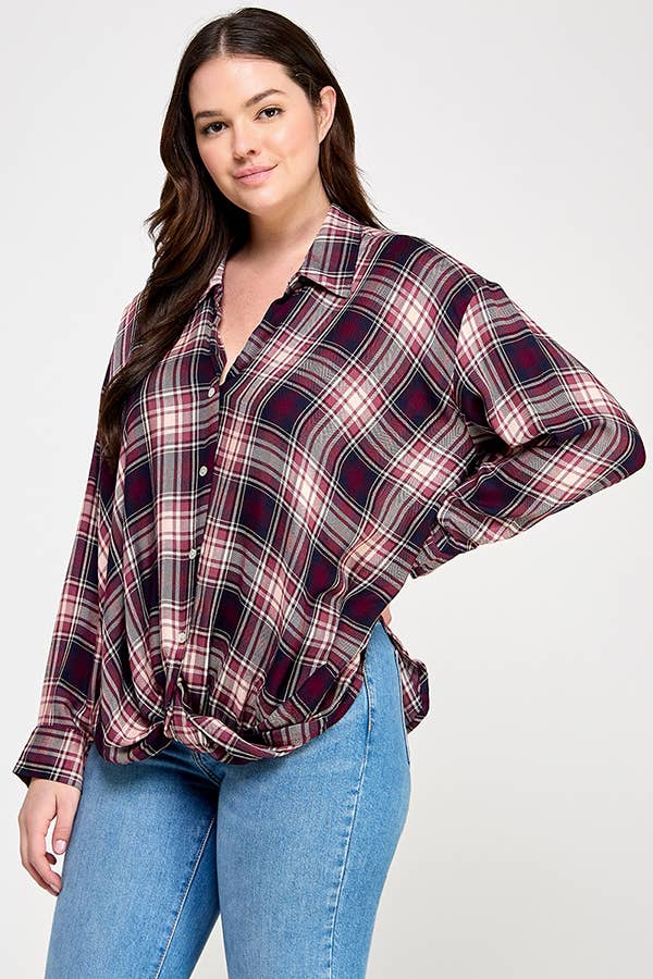 Women's plus size wine plaid draped front button-down top, view 4