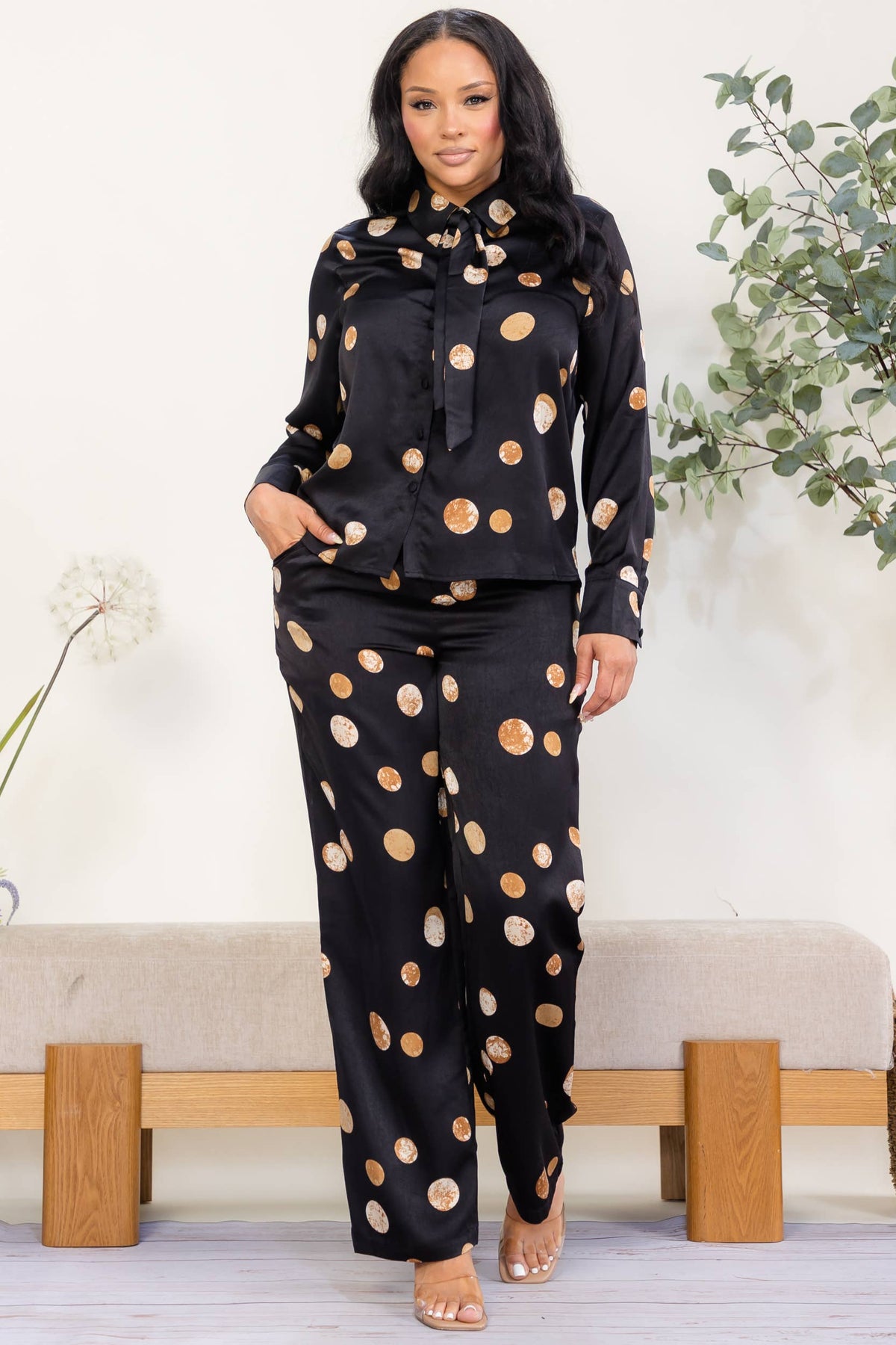 Women's plus size black polka dot tie-neck blouse and wide leg pant set, view 3