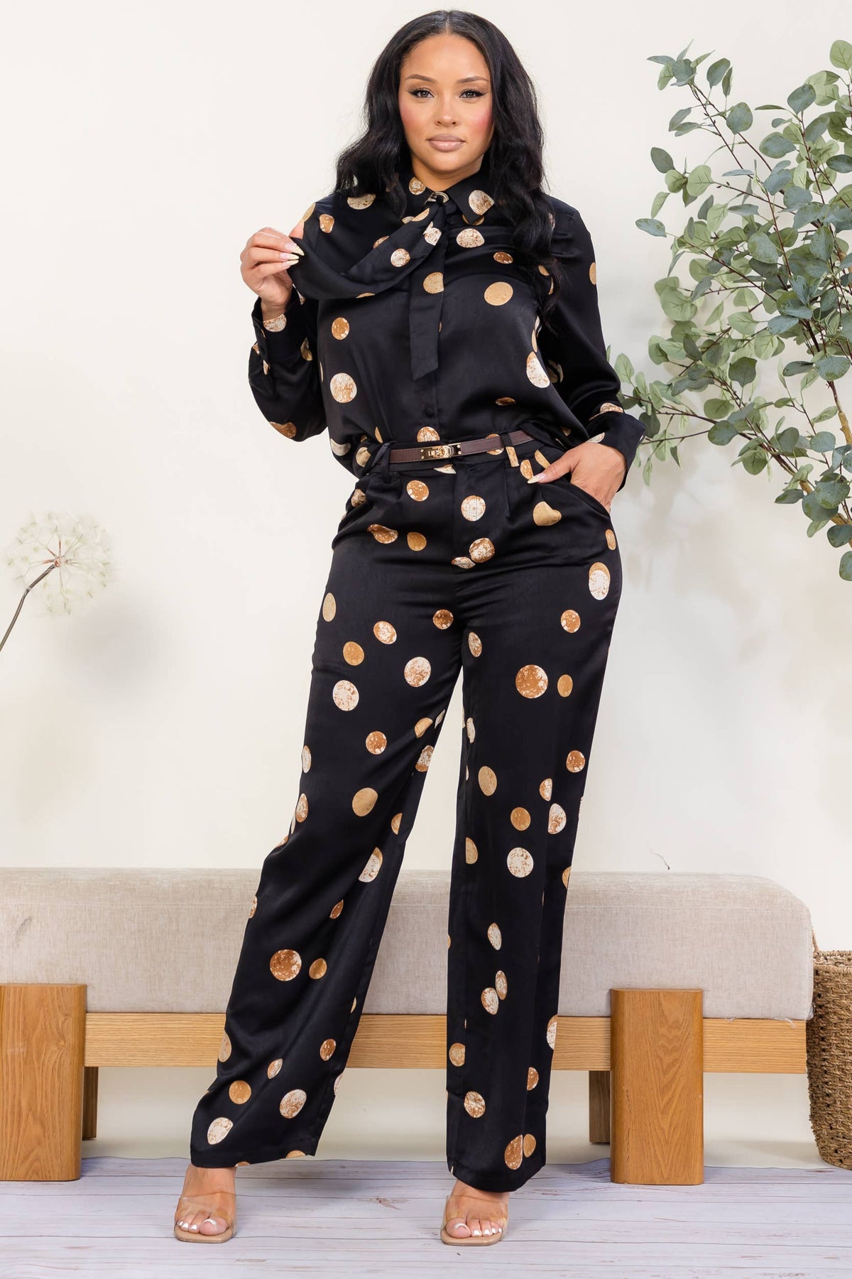 Women's plus size black polka dot tie-neck blouse and wide leg pant set, view 4