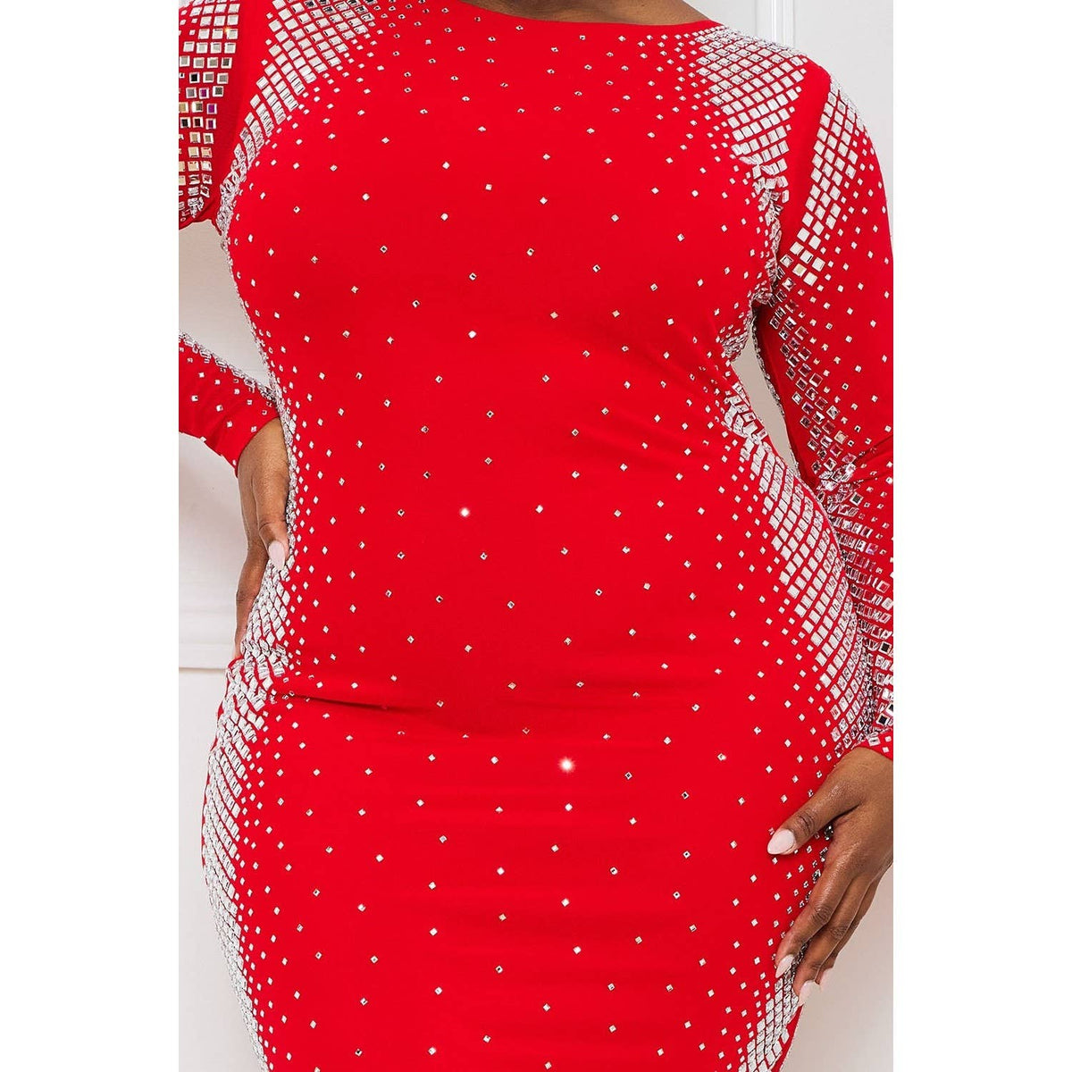 Women's plus size red rhinestone mesh long sleeve mini dress, view 4