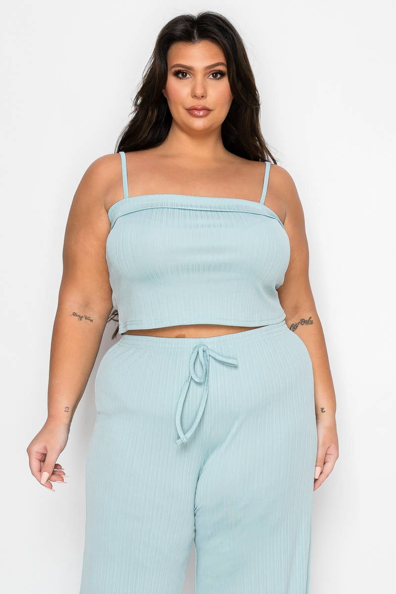 Women's plus size black ribbed square neck cami and wide leg pant set, view 2