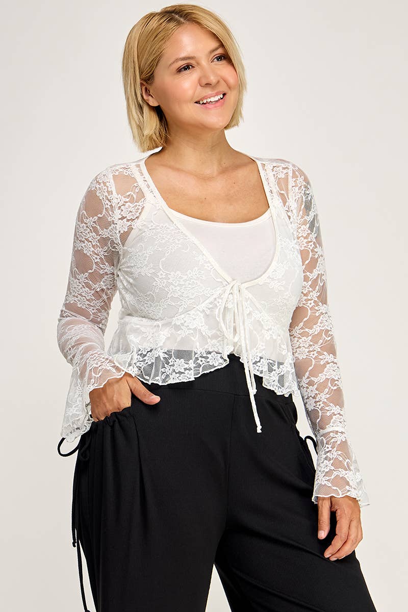 Women's plus size black sheer floral lace tie-front bell sleeve peplum top, view 3