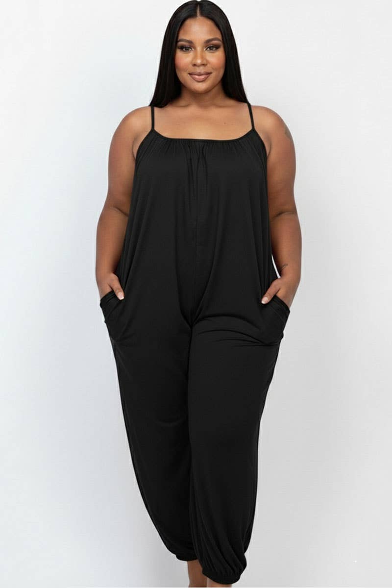 Women's plus size black sleeveless jogger jumpsuit with pockets