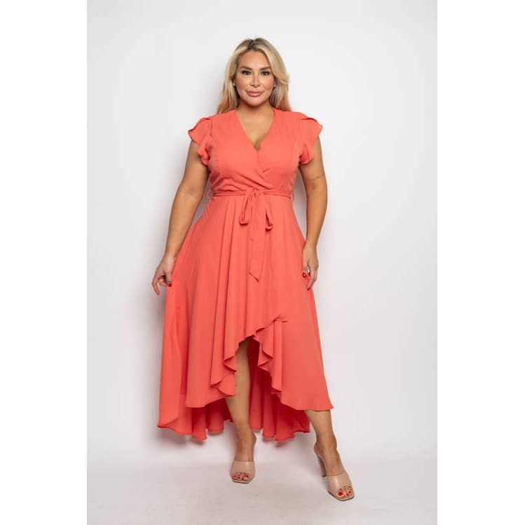 Women's plus size surplice wrap ruffle sleeve midi dress
