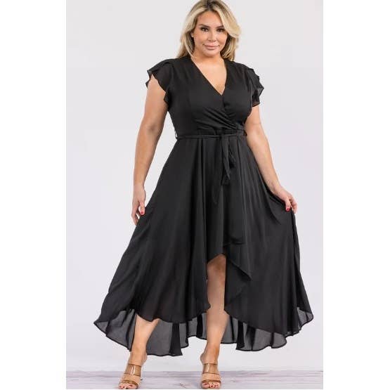 Women's plus size surplice wrap ruffle sleeve midi dress, view 4