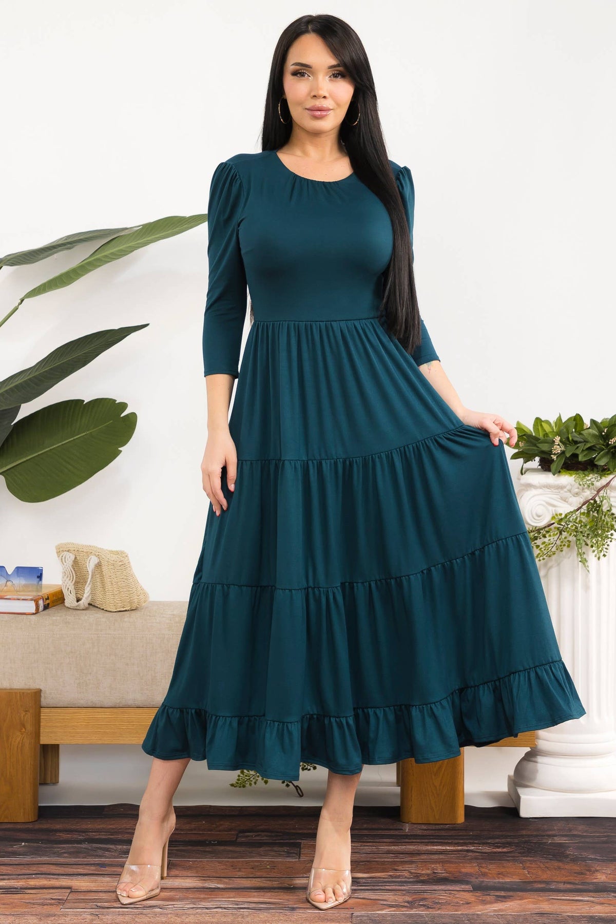Women's plus size hunter green tiered midi dress with 3/4 sleeves