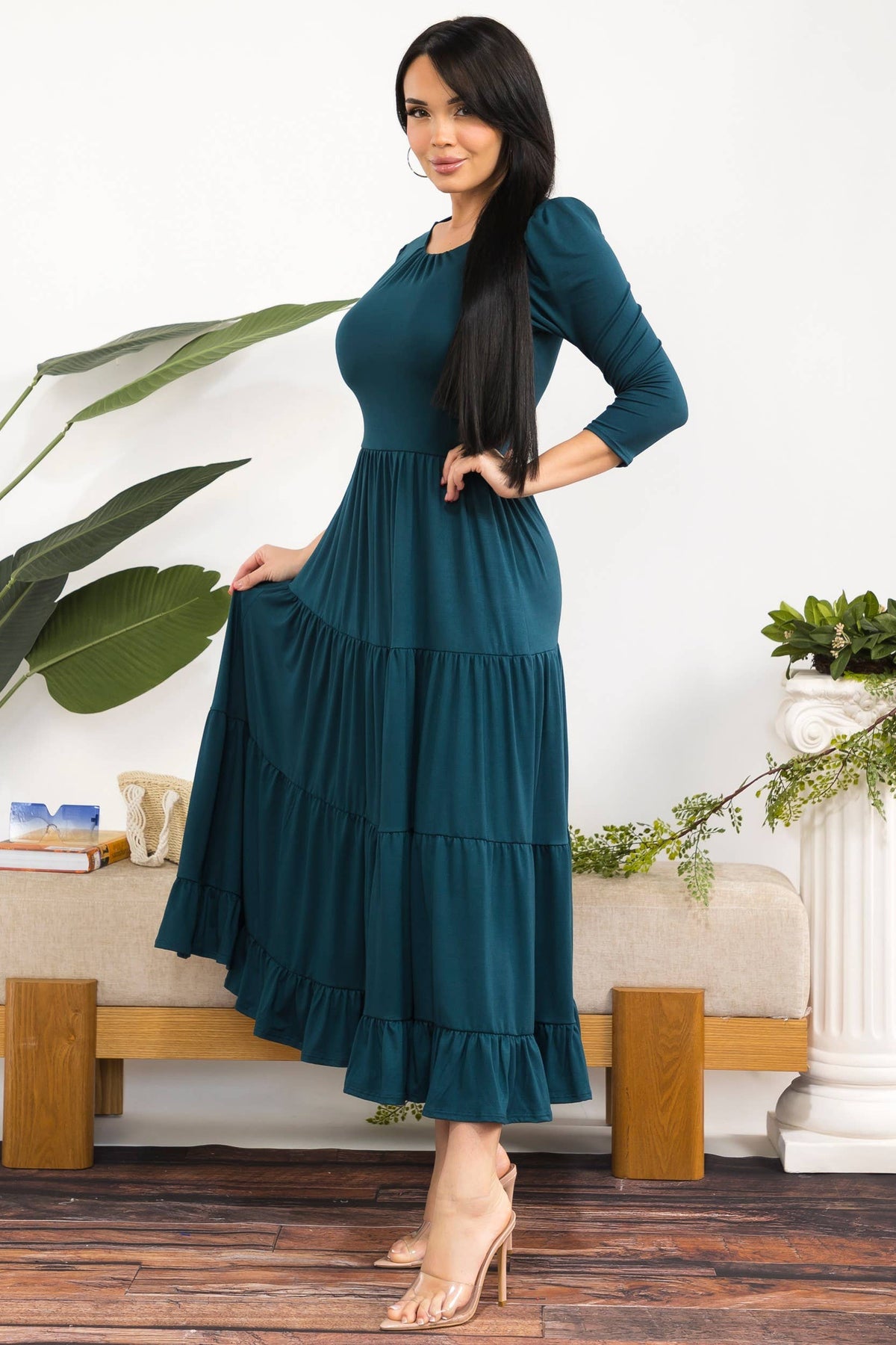 Women's plus size hunter green tiered midi dress with 3/4 sleeves, view 4