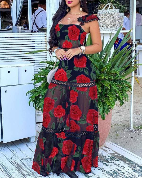 Women's red polka dot sheer mesh maxi dress with square neck and lace ruffle hem