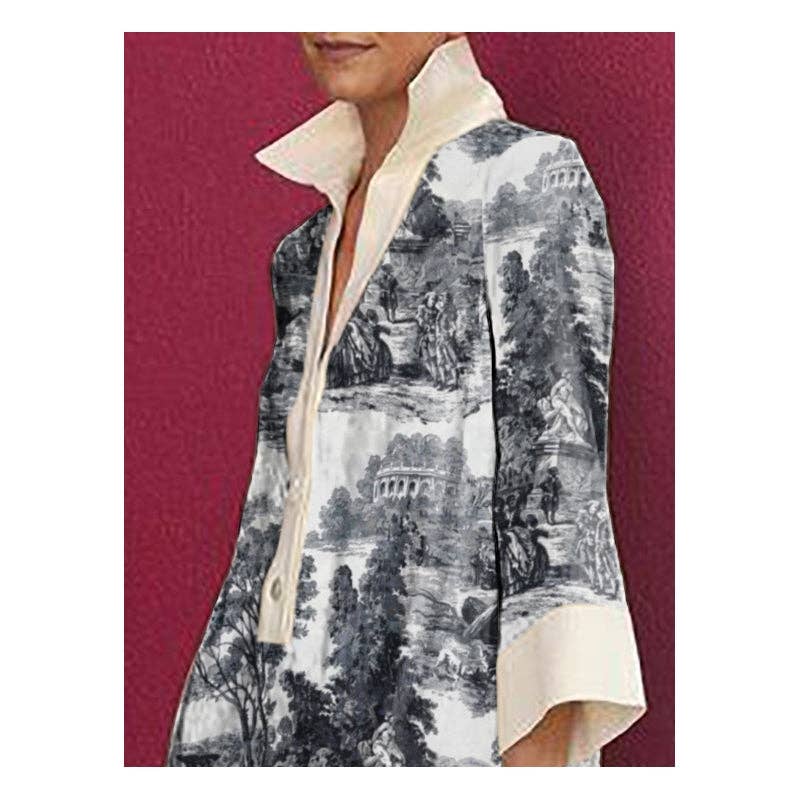 Women's black and white printed lapel collar long sleeve mini shirt dress – alternate view