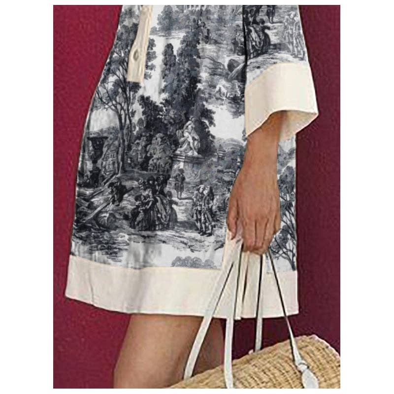 Women's black and white printed lapel collar long sleeve mini shirt dress – detail view