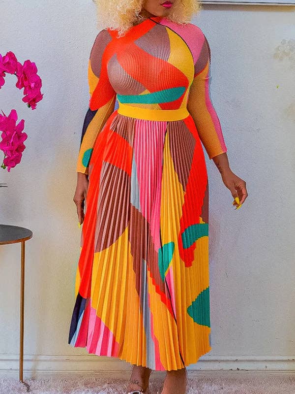 Women's printed mock neck top & pleated midi skirt set in pink, brown, orange or fuchsia – detail view