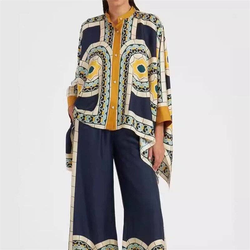 Women's printed stand collar asymmetric hem top and pant set – front view